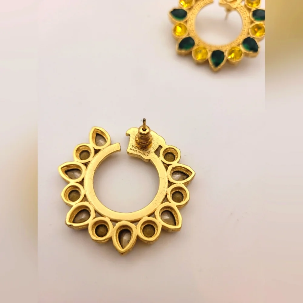 Rare Versace Medusa Green Hoop Pierced Earrings